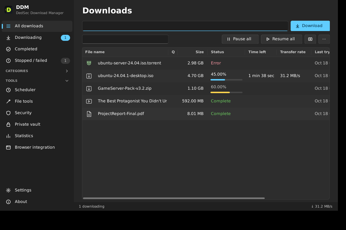 DDM download manager main window