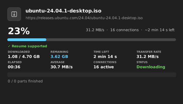 DDM live download progress with resume indicator